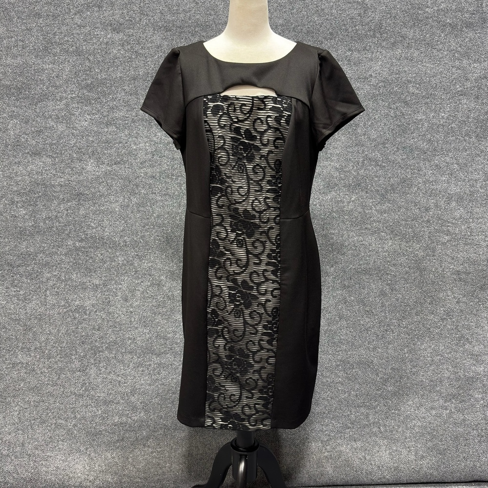 Sandra Darren Dress Womens 14W Black Floral Lace Sheath Short Sleeve Knee Length